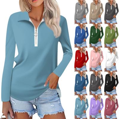 Женская весенняя и модная повседневная однотонная рубашка с принтом на молнии с V-образным вырезом и длинным рукавом