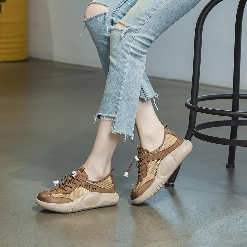 2025 Spring/Summer Women's Soft Thick-Soled Cowhide Mesh Slip-On Flats