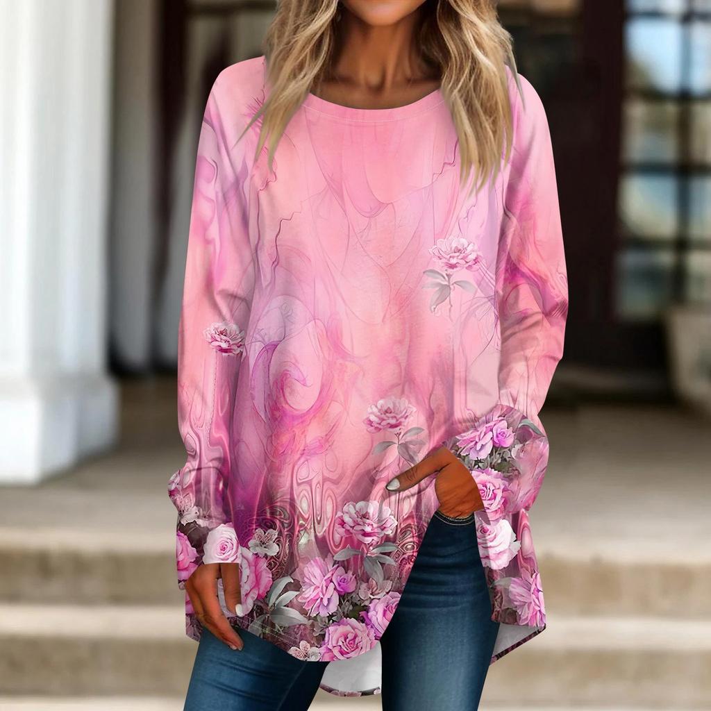 Женская повседневная футболка больших размеров с длинными рукавами и круглым принтом, верхний пуловер