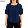 ZANZEA Женская повседневная летняя блузка с круглым вырезом и коротким рукавом