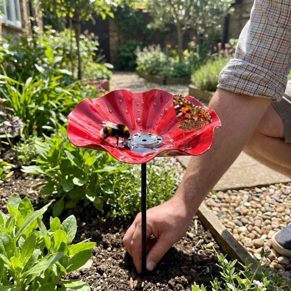 Handcrafted Garden Metal Flower Stake Sturdy Iron Bird Water Feeder  Backyard