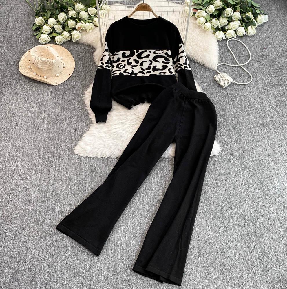 Autumn Winter Designer Print Leopard Knitted Sweater Trouser Two Piece Set Women O-neck Pullover Tops And Ankle Length Pants Suit