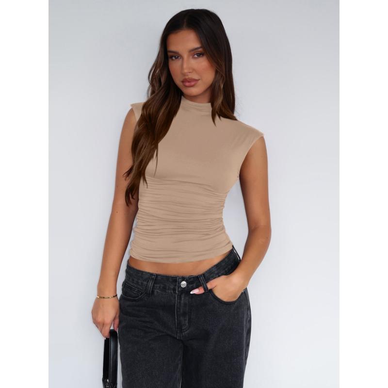 Женский летний однотонный плиссированный тонкий топ без рукавов с полувысоким воротом и простым комфортом