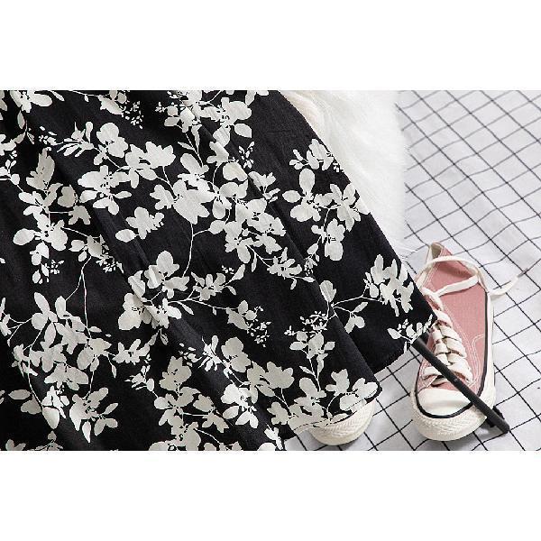 Black and White Floral Skirt Women's Mid To Long Style Small Height High Waist A-line Fresh Floral Skirt
