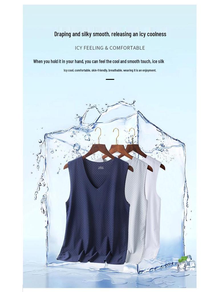 Мужская быстросохнущая облегающая майка без рукавов с V-образным вырезом из сетчатого ледяного шелка на лето