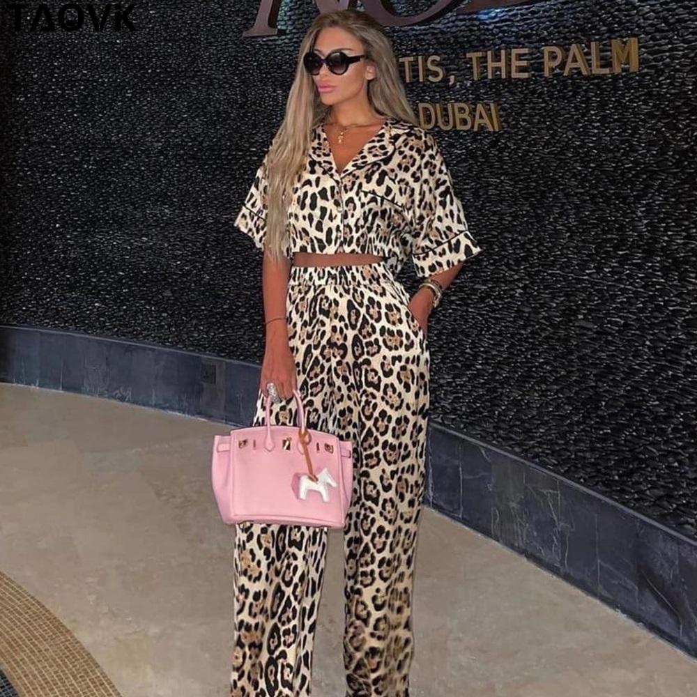 TAOVK Женские брючные костюмы, сексуальные леопардовые мини-топы с v-образным вырезом и короткими рукавами, рубашки + широкие брюки, комплекты из 2 предметов, верхняя одежда