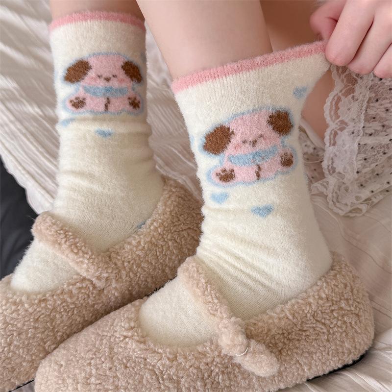 Осень и Зима Австралийский Бархат Женские Мультяшные Носки-Плюш в Форме Сердца Собаки, Утепленные Теплые и Милые Домашние Напольные Носки для Сна на Зиму