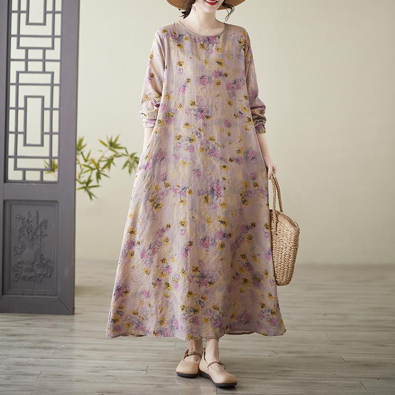 Весеннее литературное платье больших размеров с принтом, круглым вырезом, длинными рукавами, повседневное платье для женщин, вечерние платья