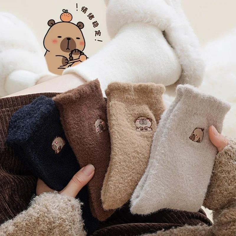 Women Winter Thermal Mink Socks Cartoon Capybara Print Soft Warm Fleece Comfortable Plush Socks Kawaii Sleep Floor Mid Tube Sock