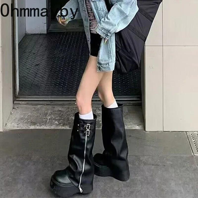 Fashion Chunky Women Knee-High Boots Fashion Belt Buckle Platform Heel Trouser Knight Booties Retro Style Female Shoes