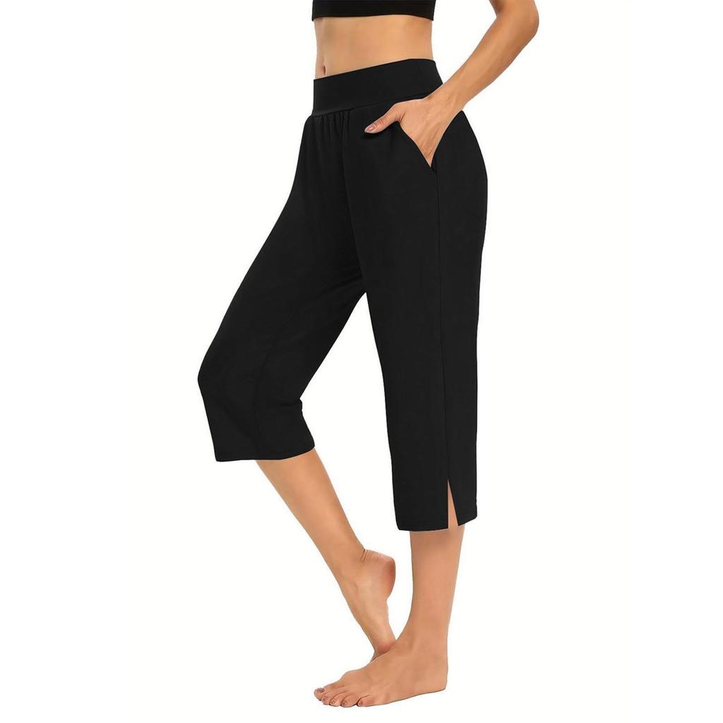 Women Elastic High Waist 3/4 Pant Casual Active Fit Wide Capris Leg Pants Trousers With Pockets