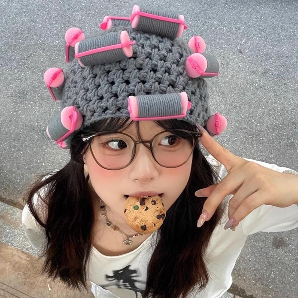 Thick Hair Curler Knitted Hat Soft Curly Hair Yarn Beanie Creative Pullover Cap  Outdoor