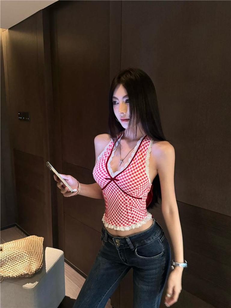 Чистый и Сексуальный Красный Клетчатый Кружевной Топ-Холтер - Женская Летняя Майка