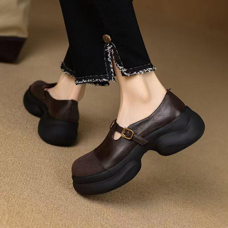 Sponge Cake Platform Leather T-Strap Loafers - High Heels for Women, 2025 Spring/Autumn Collection