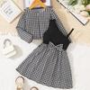 Girls' Houndstooth Two-Piece Set: Long-Sleeve Jacket with Bow A-Line Skirt