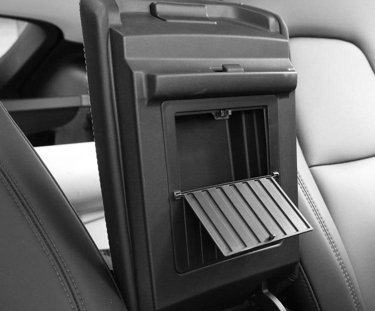 Tesla Model Y Hidden Press Flip-Lid Storage Box with Built-In Compartment for Center Console Armrest.