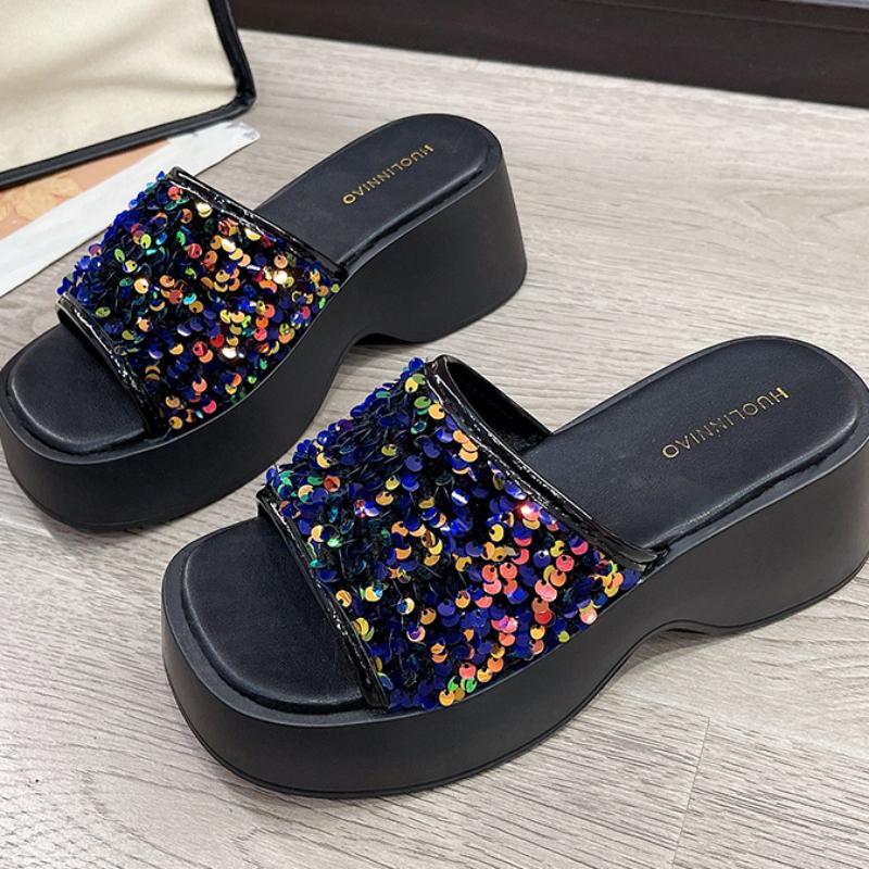 Летние новые стильные модные и элегантные сандалии на платформе, однотонные тапочки с открытым носком и круглым носком, украшенные блестками, НЕТ:А588