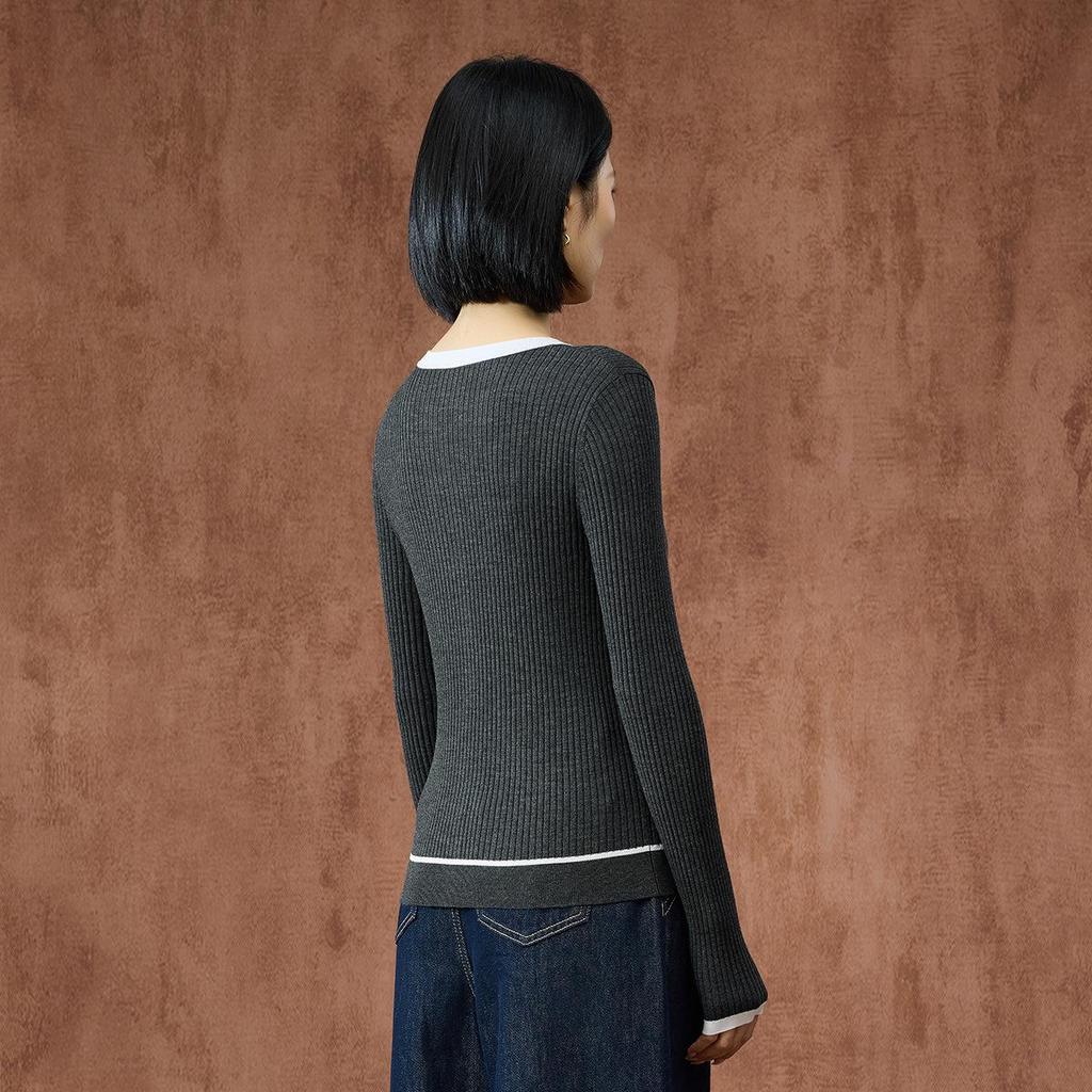 Northern Deer Women's French Wool Color Block Ribbed Knit Cardigan SL35