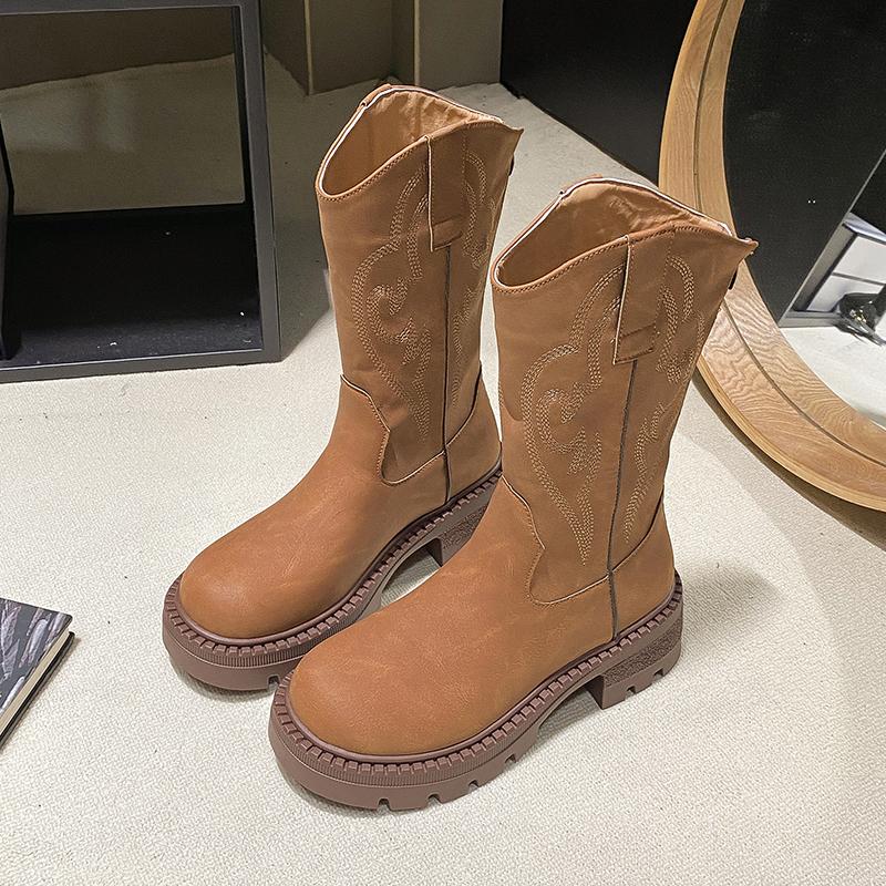 Women Flats Mid Calf Chelsea Boots Winter Platform Shoes Designer Trend Dress Goth Boots Cozy Walking Zapatos Mujer