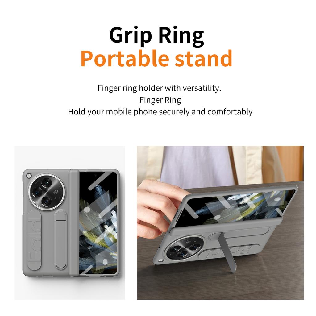 Luxury Business Fold Silicone Case for OPPO Find N3 Skin Feel with Wrist Strap and Stand and Glass Front Film Anti Drop Shockproof Protect Cover