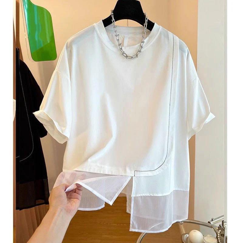 1116 summer new large size fat sister loose and chic personality simple irregular fake two-piece shirt women