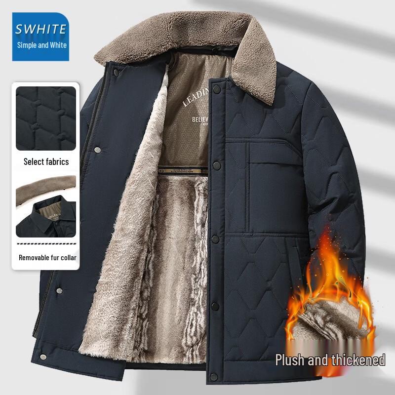 Men's Winter Fleece-Lined Warm Cotton Jacket with Detachable Collar
