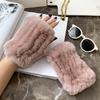 Winter Rex Rabbit Fur Gloves, Cute Plush Rabbit Fur Warm Half-finger Gloves Elastic Wrist