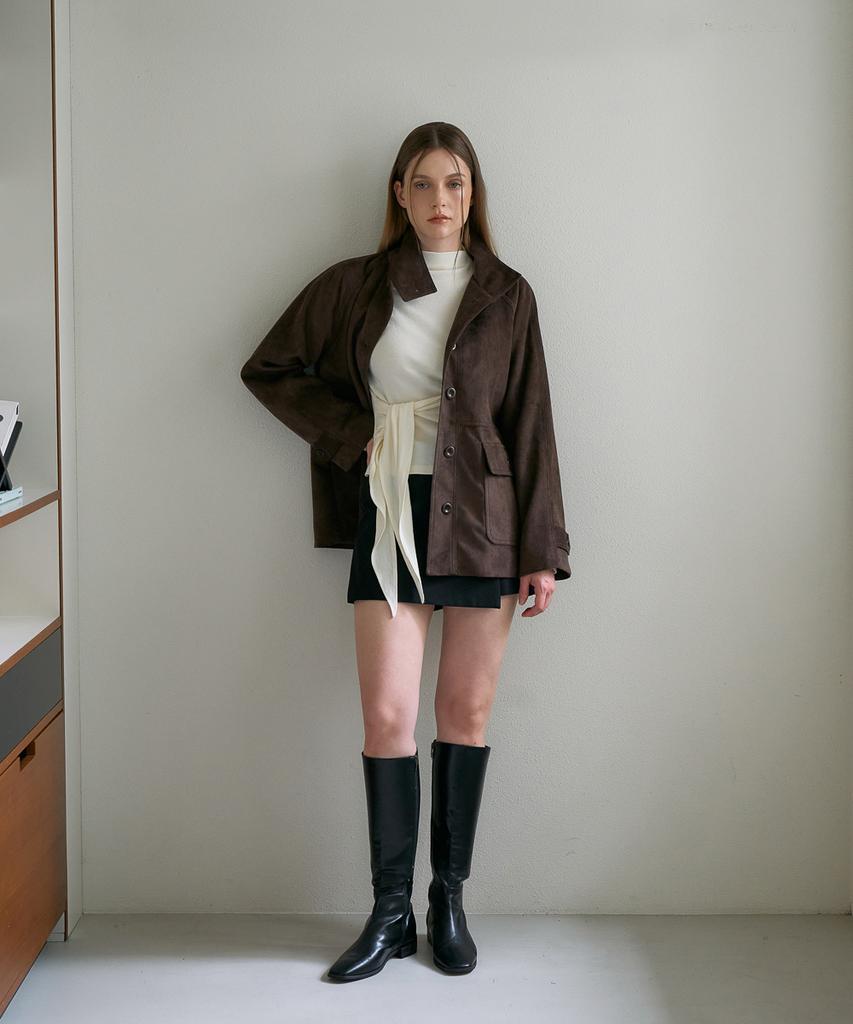 DEHEVE Suede High-Neck Half Jacket [Cocoa Brown]
