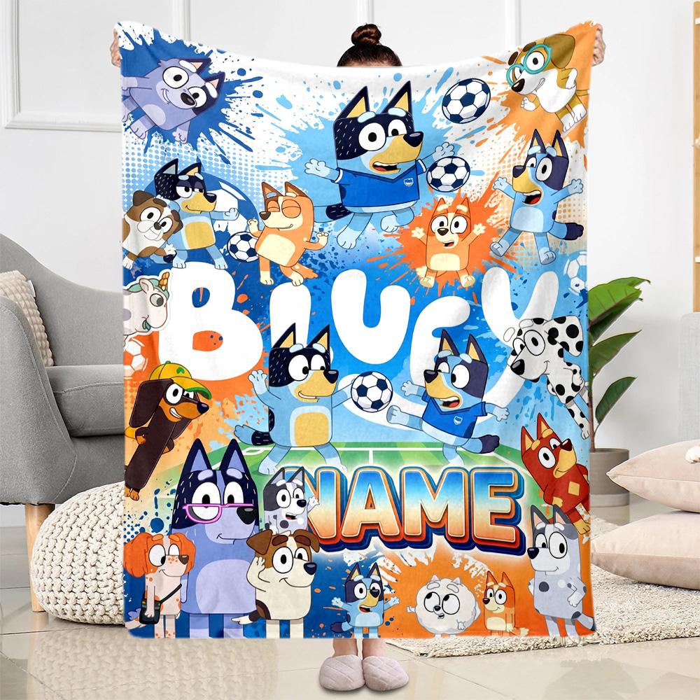 Soccer Fun Bluey Customize Your Name Blanket Multi-purpose Personalized Blanket Ultra-Soft Suitable for Home Decor Office Chair Picnics Office