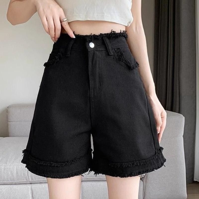 Black Denim Shorts Women's Versatile Summer Thin A-line High Waist Loose Fit Slimming Edge Cropped Pants