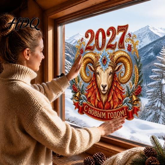 Электростатические наклейки 2027 Год Овцы Наклейка на окно Русская Счастливый Новый Год Статическая наклейка Зодиак Кухня Ванная Комната Настенное искусство Коза Стекло