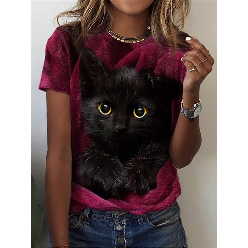 Милая футболка с рисунком собаки и кошки для женщин Футболки с 3D-принтом в виде животных Летние свободные футболки с короткими рукавами и круглым вырезом Топы в уличном стиле