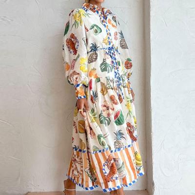 Женские весенние модные платья в стиле бохо с принтом, завязками, высокой талией, длинными рукавами, V-образным вырезом и талией