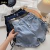 Джинсовые шорты с высокой талией и широкими штанинами, женские эластичные брюки-трапеции с облегающими шортами