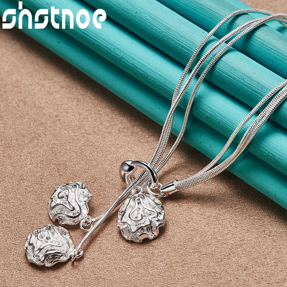 925 Silver 3pcs/lot Jewelry Set Rose Flower Pendant Chain Necklace Bracelet Earring Series For Woman Girl Wedding Party