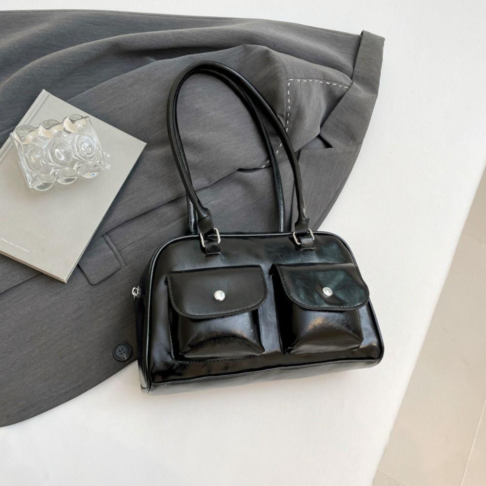 Patent Leather PU Bowling Bag Handbag Underarm Bag Casual Pocket Boston Tote Bag Portable