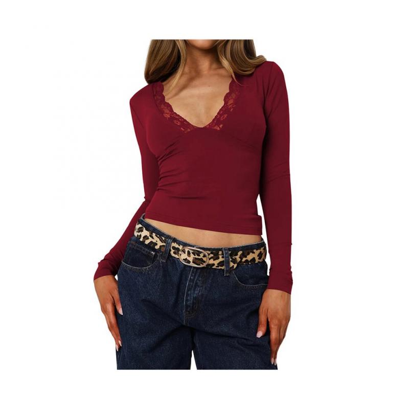 Damen Langarmshirts Ausgehen V-Ausschnitt Kurz Spitzen Mesh Eng Anliegende Shirts Weinrot S