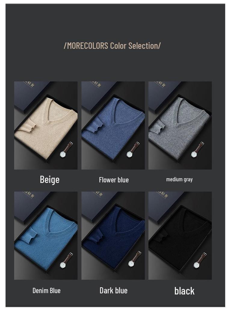 Men's V-Neck Cashmere Sweater - Long-Sleeved Business Knit for Autumn and Winter