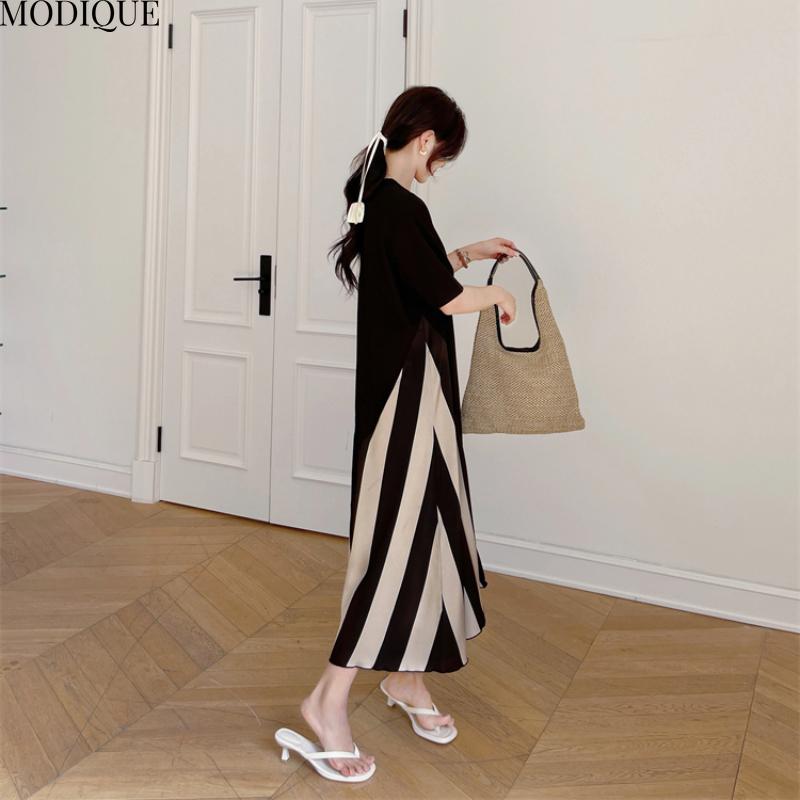MODIQUE Летние Большие Размеры Новые Женские Свободные Базовые Футболки Шелковые Полоски Лоскутные Длинные Платья Женские Повседневные Платья С Коротким Рукавом О-Образным Вырезом