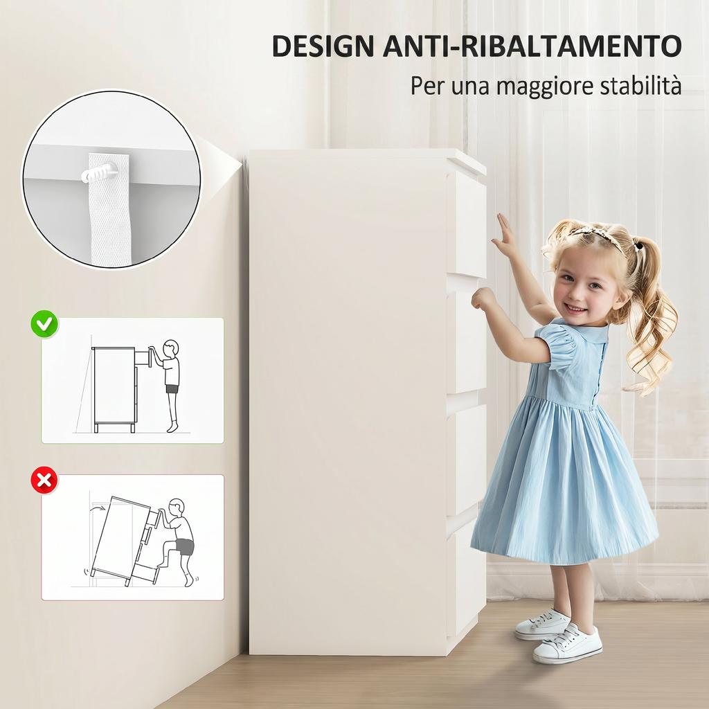 Handleless 4-Drawer Chest of Drawers, 80x39x95 cm, White
