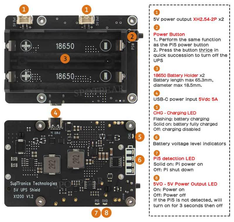 X1200 Raspberry Pi 5 UPS Expansion Board - 18650 Uninterruptible Power Supply Module