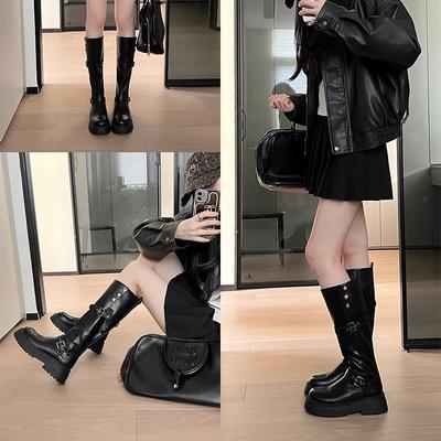 2 вида обхвата голенища~ Утолщенные и расширенные ботинки на толстой подошве средней высоты для женской зимы новые рыцарские ботинки Увеличивающие рост черные ботинки