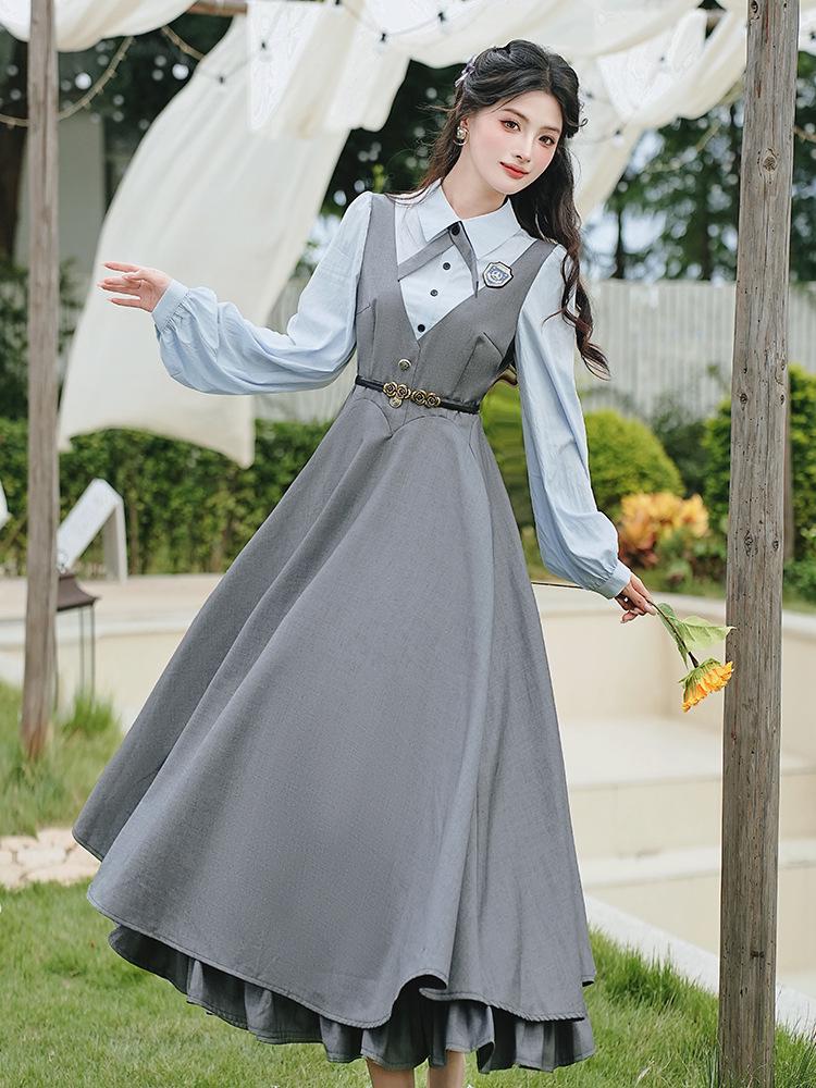 Ретро Академический Стиль Двухслойное Платье-Жилет с Рубашкой с Отложным Воротником