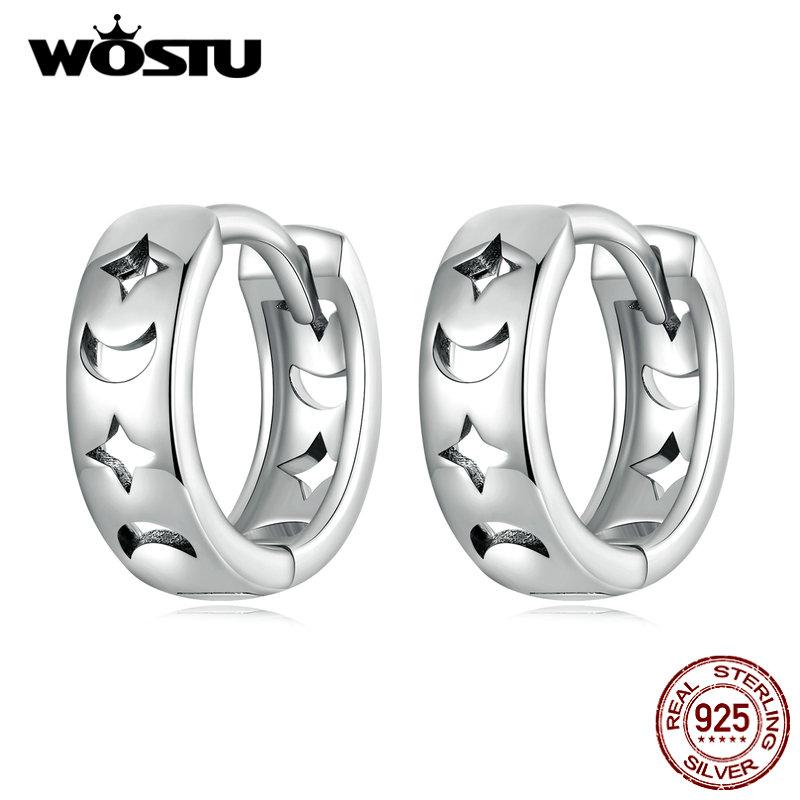 WOSTU Classic 925 Sterling Silver Hollow Star Moon Hoop Earrings For Women Party Jewelry s925 Silver Ear Clips Earring Punk Gift