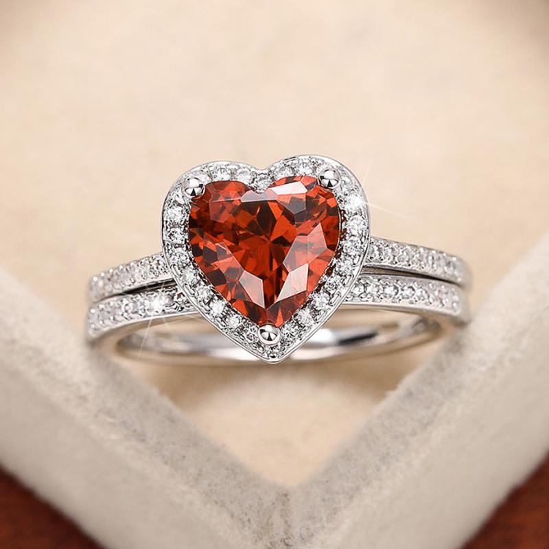 Huitan Привлекательные кольца 2 шт./компл. с гранатовым сердцем для женщин Тренд Темпераментные аксессуары для помолвки Шикарные свадебные украшения