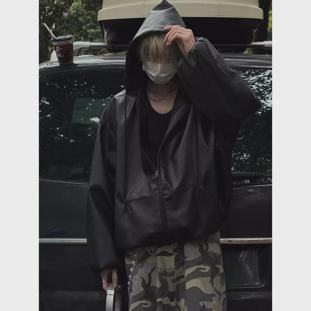 Men's Black Hooded PU Leather Baseball Jacket - Stylish Retro Spring/Autumn Outerwear