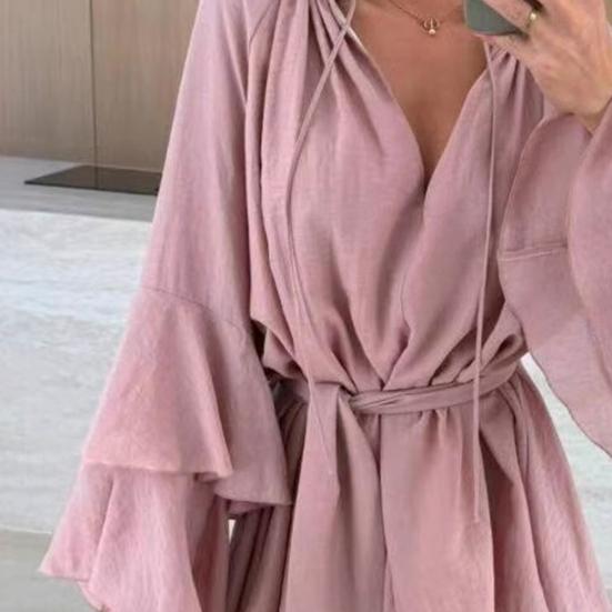 Женское летнее платье-рубашка с оборками, длинными рукавами, V-образным вырезом, короткое платье из шифона, А-силуэта, завязывающегося на талии, струящееся мини-платье