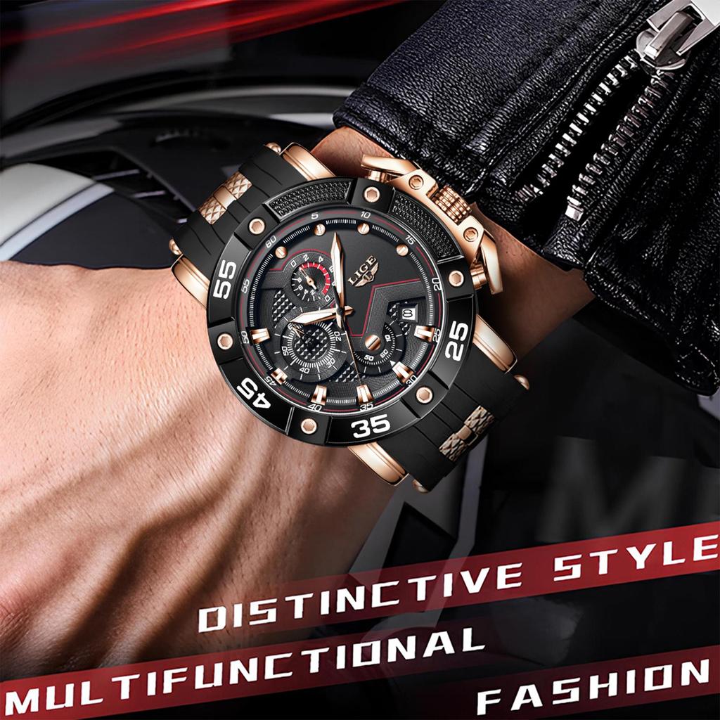 LIGE Men Watch Fashionable Sports Waterproof Silicone Strap Men's Quartz Watch