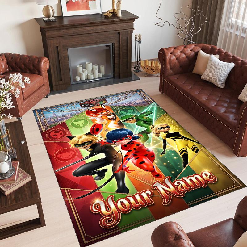 Personalized Crystal Velvet Carpet Custom Name Text,Miraculous Ladybug Anti Slip Area Rug For Home Decoration