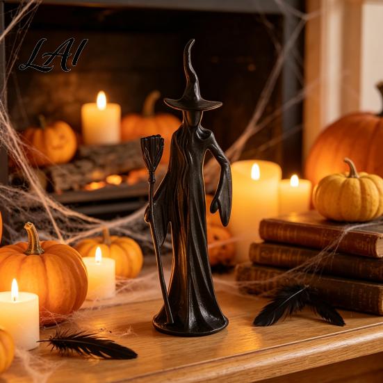 Black Cat Statue Abstract Witch Figurine Resin Statue Gothic Heavy Duty Crafts Ornament Halloween Tabletop Decor for Home Mantel Office Desk Retro